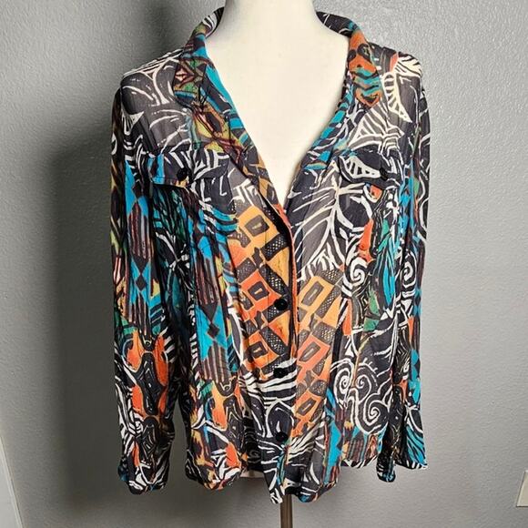 Chicos Sheer Button Up Top Large Abstract Print - Picture 2 of 10